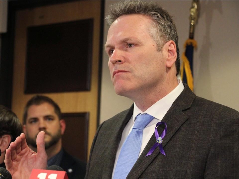 FILE - In this March 12, 2020 file photon Alaska Gov. Mike Dunleavy speaks during a news conference in Anchorage, Alaska. Alaska Senate leaders said Friday, March 20, 2020, that lawmakers are pushing to complete their most pressing work in the coming days, as concerns about the coronavirus persist. (AP Photo/Mark Thiessen,File)