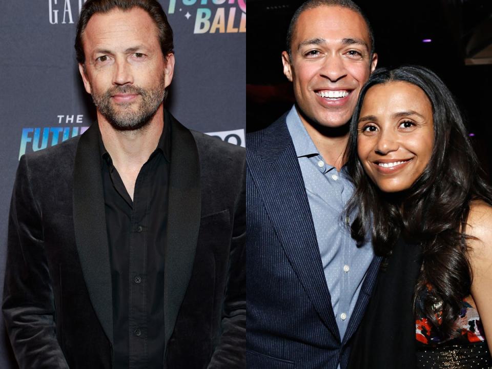 A side-by-side image of Andrew Shue in a black suit on the left, and TJ Holmes and Marilee Fiebig posing together on the right.