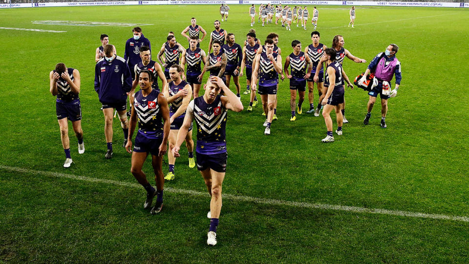Fremantle suffered a bruising loss to Geelong in Perth on Thursday night. (Photo by Will Russell/AFL Photos via Getty Images)