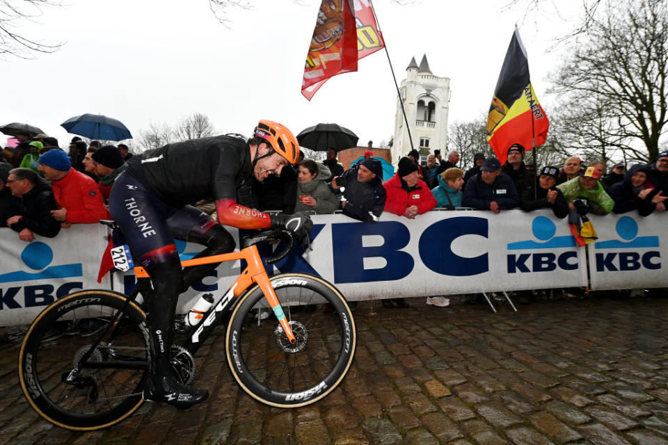 WEVELGEM BELGIUM  MARCH 26 Adam de Vos of Canada and Team Human Powered Health competes passing through a Kemmelberg cobblestones sector during the 85th GentWevelgem in Flanders Fields 2023 Mens Elite a 2609km one day race from Ypres to Wevelgem  UCIWT  on March 26 2023 in Wevelgem Belgium Photo by Tim de WaeleGetty Images