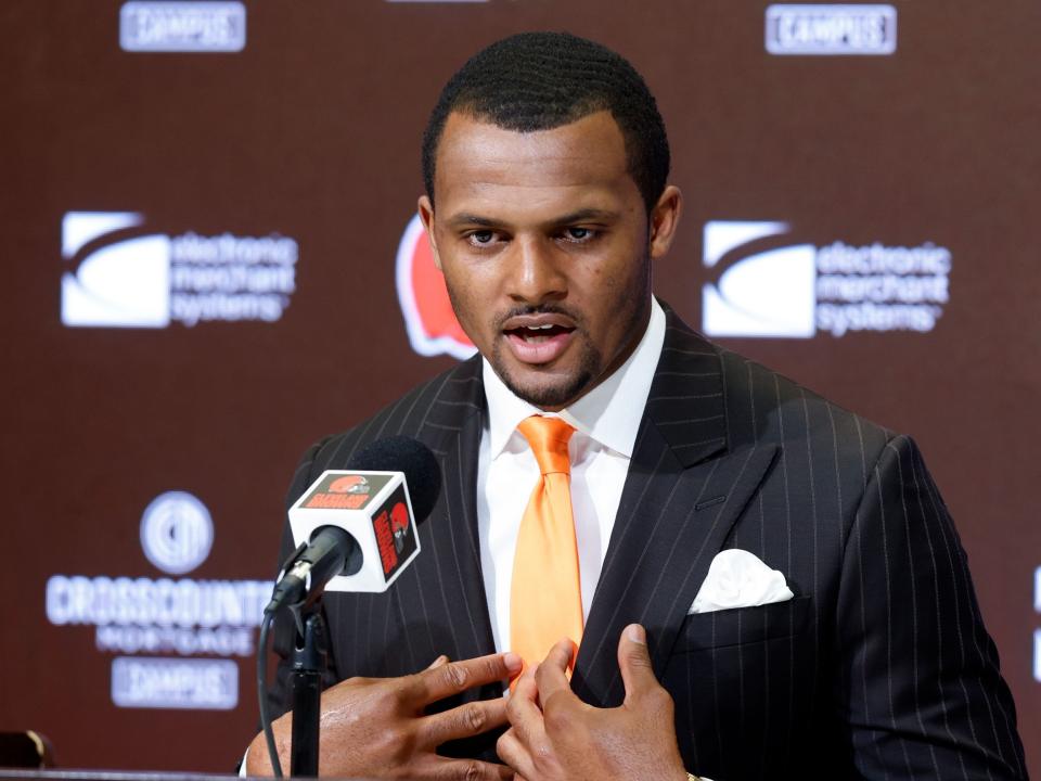 Deshaun Watson speaks at a press conference announcing him as the new quarterback for the Cleveland Browns.