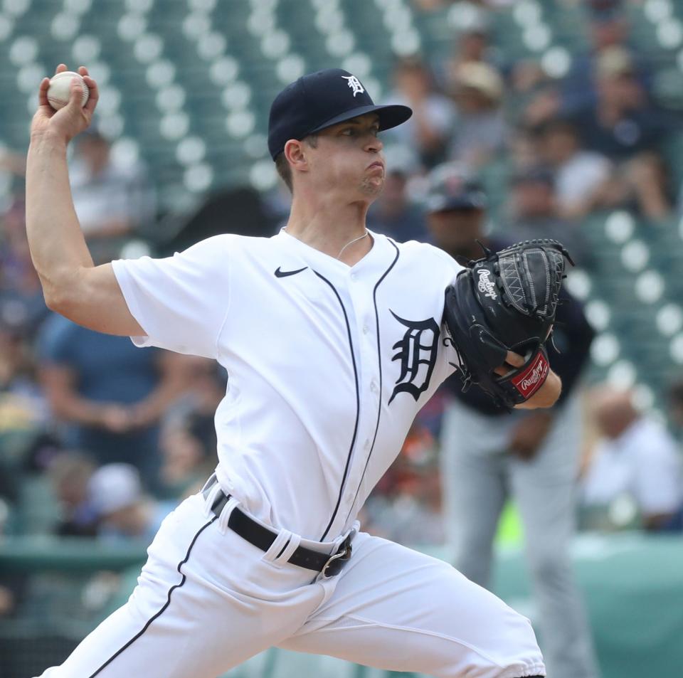 Detroit Tigers starter Garrett Hill (50) pitches against the Cleveland Guardians during second inning action Thursday, August 11, 2022 at Comerica Park.