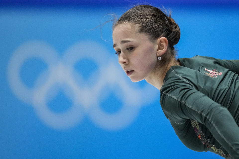 Kamila Valieva, of the Russian Olympic Committee, trains at the 2022 Winter Olympics, Monday, Feb. 14, 2022, in Beijing. (AP Photo/Bernat Armangue)