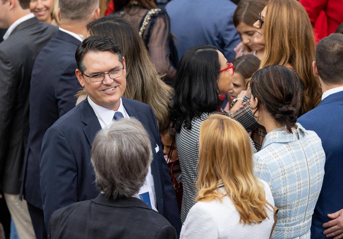 Florida Secretary of State Cord Byrd, left, attends Gov. Ron DeSantis’ inauguration ceremony on Tuesday, Jan. 3, 2023, in Tallahassee, Fla.