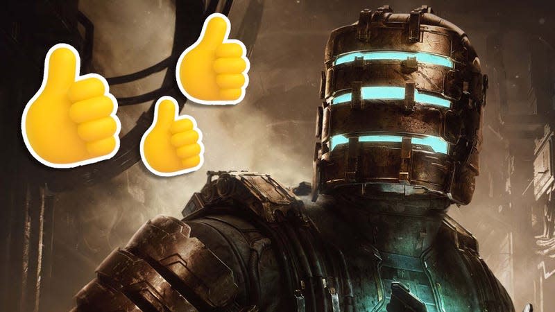 Issac Clarke from Dead Space looks at a group of thumbs up emojis floating near his head. 