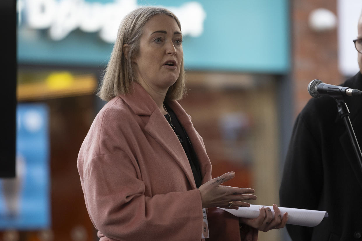 WARRINGTON, ENGLAND - FEBRUARY 11: Esther Ghey, Mother of Brianna Ghey, speaks at a vigil to mark the 1 year anniversary of Brianna's death in the Old Market Hall on February 11, 2024 in Warrington, England. Brianna Ghey, a 16-year-old transgender girl, was murdered in Culcheth Linear Park a year ago by Scarlett Jenkinson and Eddie Ratcliffe, both 15 at the time. Both were jailed for life earlier this year. Easter Ghey, mum to Brianna, is calling for a crackdown on smartphone use for under-16s. (Photo by Ryan Jenkinson/Getty Images)