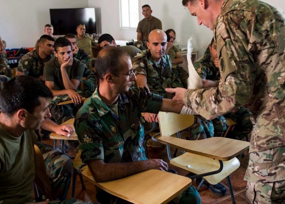 Sgt. 1st Class Jordan Phillips, with the 83rd Civil Affairs, shares tactical combat casualty care procedures with Lebanese armed forces in July 2015 during Resolute Response, a bilateral training engagement between the U.S. military and Lebanese armed forces.