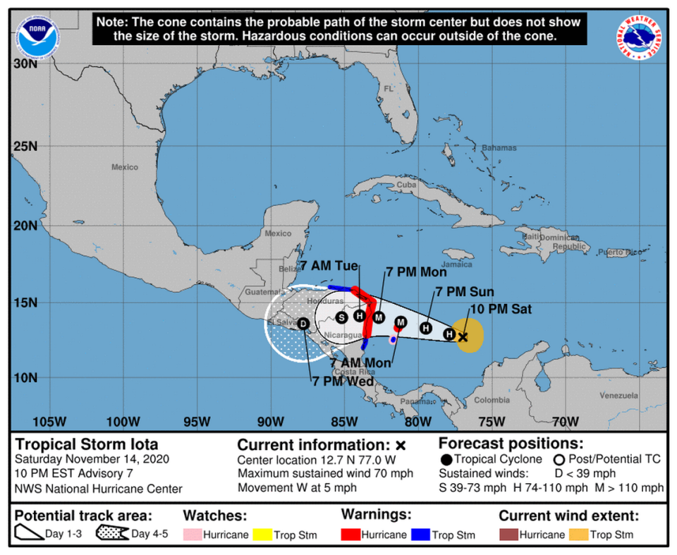 Tropical Storm Iota at 10 p.m. Saturday, Nov. 14, 2020.