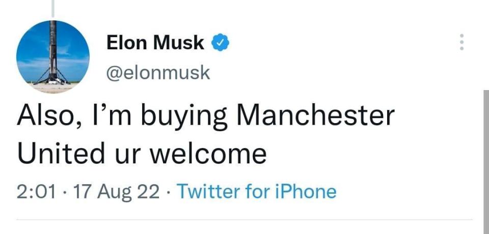 馬斯克透露自己正在收購曼聯。（翻攝 Elon Musk推特）