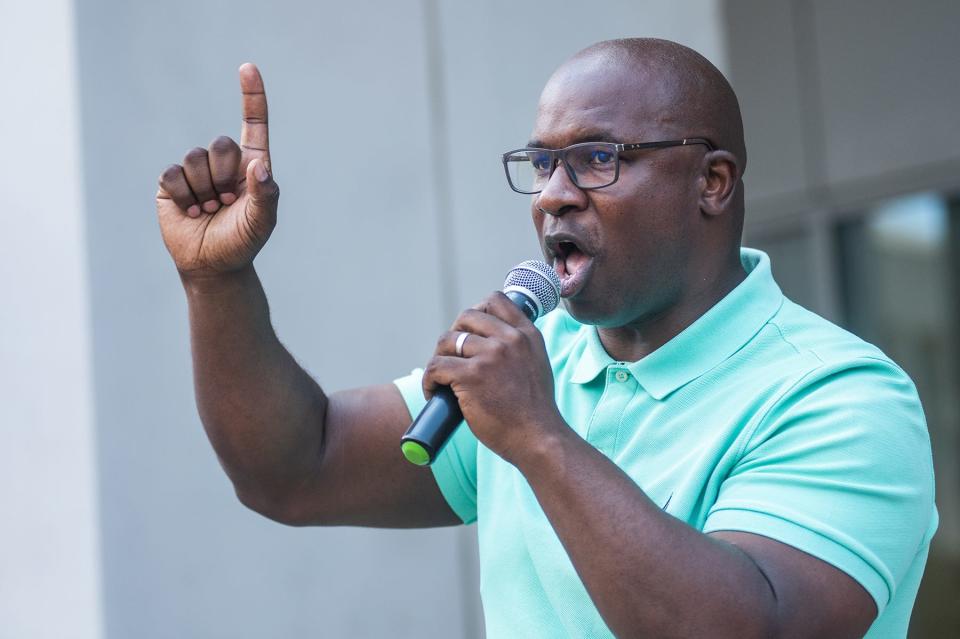 Rep. Jamaal Bowman talks during the in support of Roe v. Wade rally in White Plains, NY on Sunday, June 26, 2022. KELLY MARSH/FOR THE JOURNAL NEWS