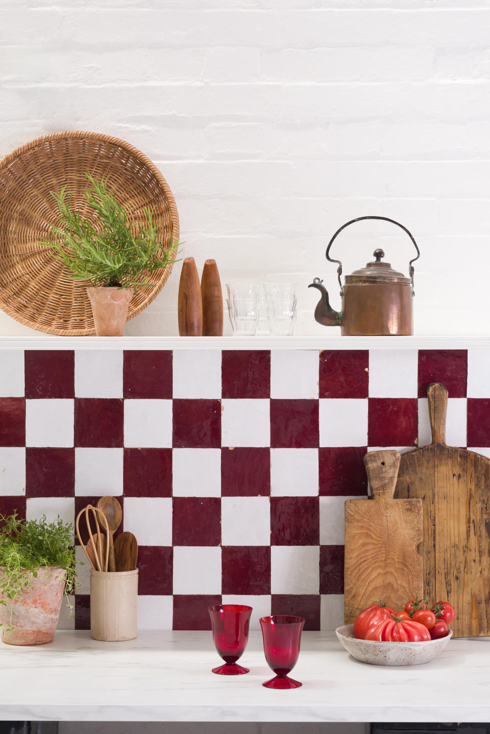 A checkerboard kitchen backsplash