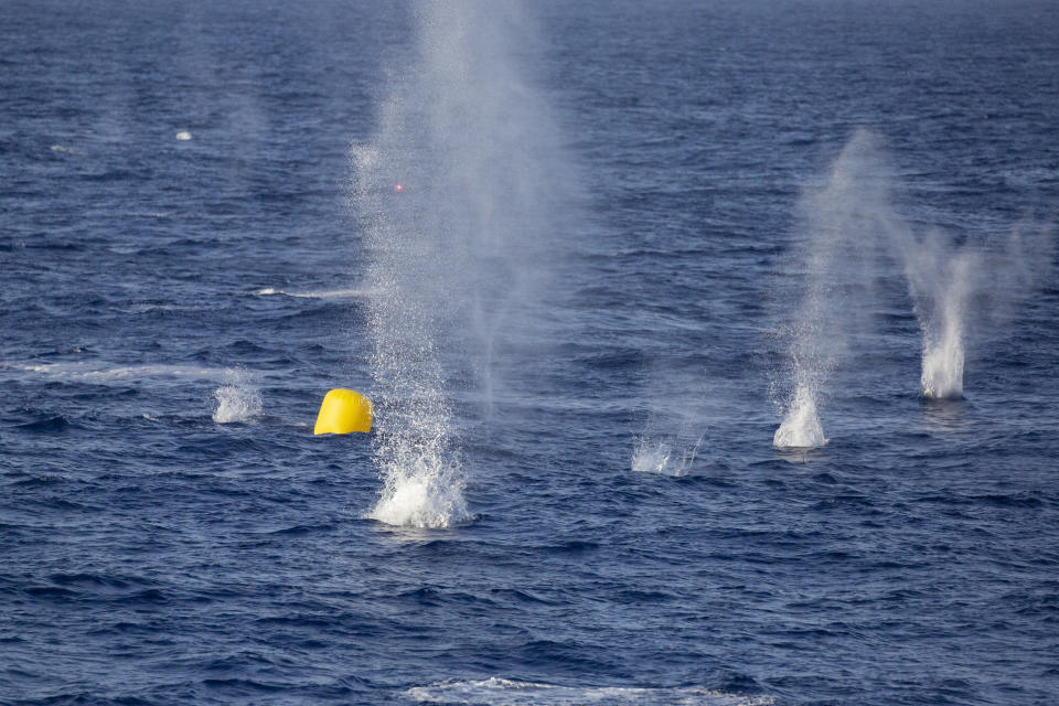 Explosions rip the waters from shoots fired by Israeli soldiers on board the Israeli Navy Ship Lahav during a rare tour of Israel's offshore Leviathan gas field in the Mediterranean Sea, Tuesday, Sept. 29, 2020. After a coronavirus-related delay, Israel's navy is preparing for the long-awaited arrival of its next generation of missile boats - giving it a powerful new tool to defend its strategic natural gas industry from the threat of the Lebanese militant group Hezbollah. (AP Photo/Ariel Schalit)