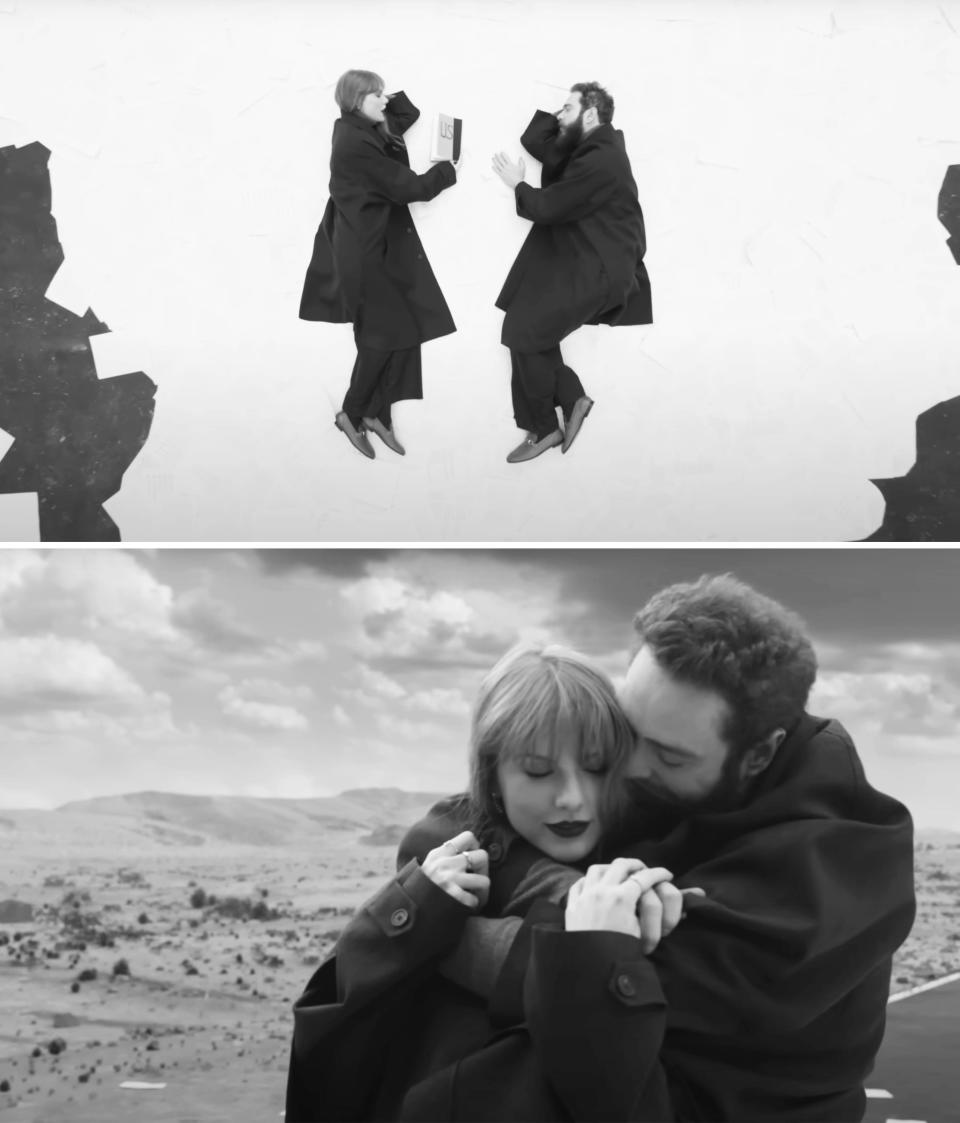 Taylor Swift and Post Malone embracing in the music video for "Fortnight"
