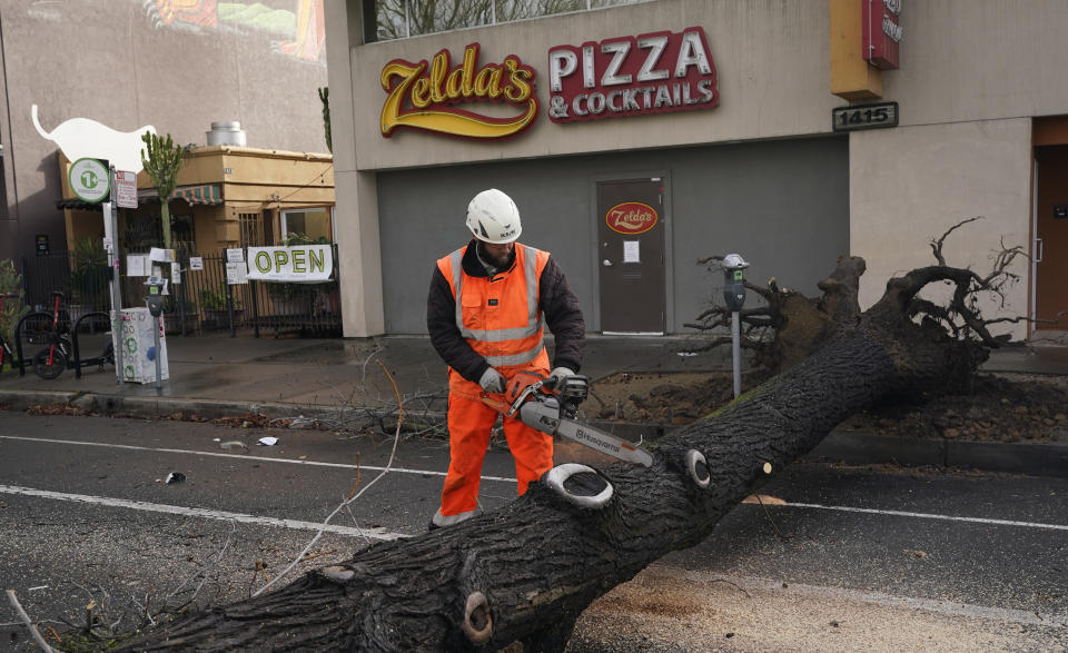 Sacramento City worker Kevin McClain cuts up a tree that was blown over during a storm that swept through Sacramento, Calif., overnight, Wednesday, Jan. 27, 2021. (AP Photo/Rich Pedroncelli)