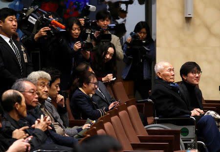 Lee Choon-shik, a victim of wartime forced labor during the japanese colonial period, sits inside the Supreme Court in Seoul, South Korea, October 30, 2018. REUTERS/Kim Hong-Ji