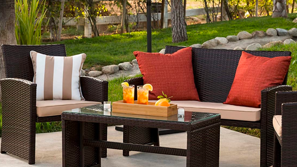 This four-piece patio set comes with a loveseat, two chairs, and a coffee table.