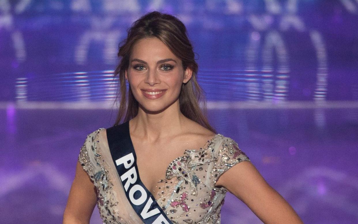 Miss Provence April Benayoum competes on stage during the Miss France 2021 beauty contest at the Puy-du-Fou, in Les Epesses, western France -  LOIC VENANCE/AFP