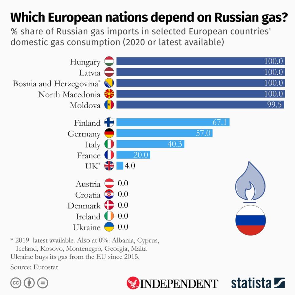 This infographic, created for The Independent by Statista, shows the countries least and most dependent on Russian natural gas (Statista/The Independent)