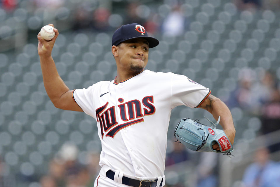 Minnesota Twins starting pitcher Chris Archer throws to the Detroit Tigers in the first inning of a baseball game Monday, May 23, 2022, in Minneapolis. (AP Photo/Andy Clayton-King)