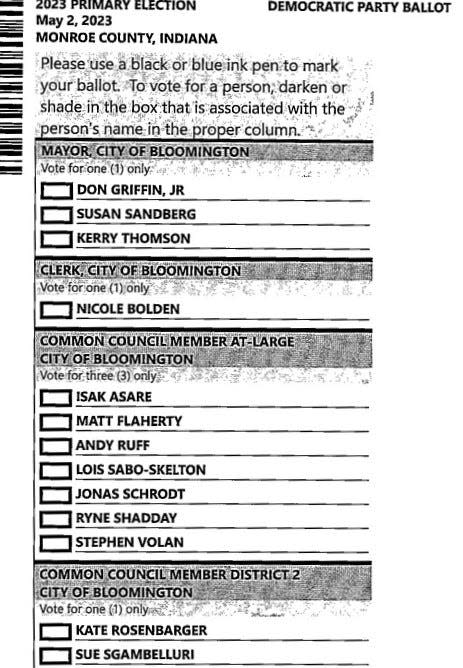 Sample ballot for the Democratic Party primary in the 2023 Bloomington city election. Note: The sample ballot is for residents of District 2. Voters in other Districts will have a different district race at the bottom of their ballot.
