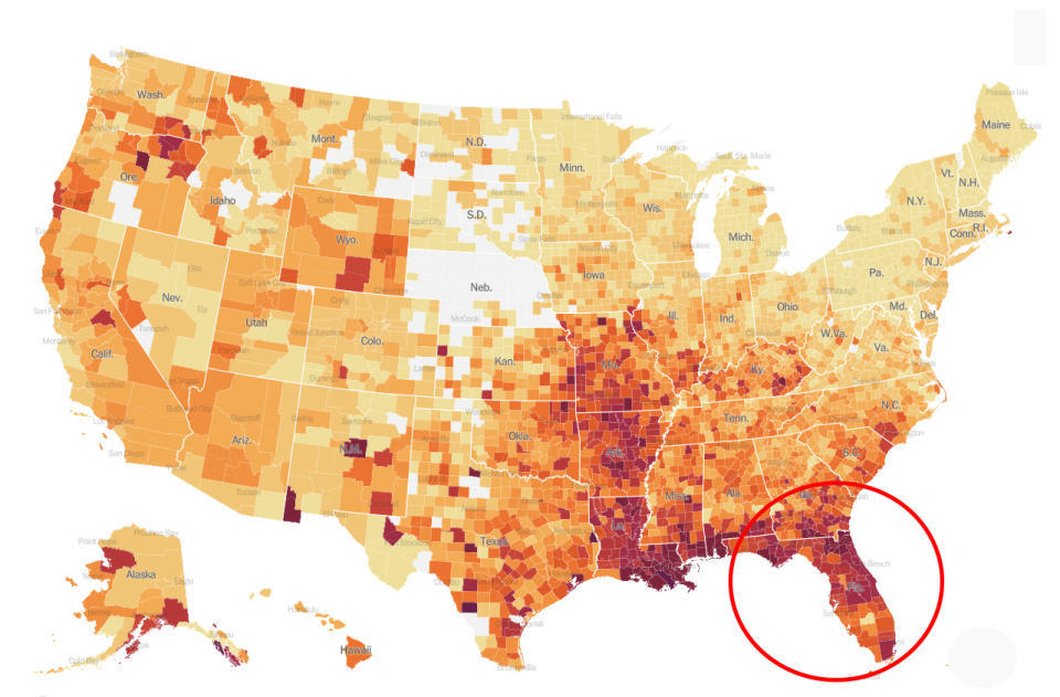 Florida, along with Louisiana and Texas, are the country's remaining Covid hotspots. Source: New York Times