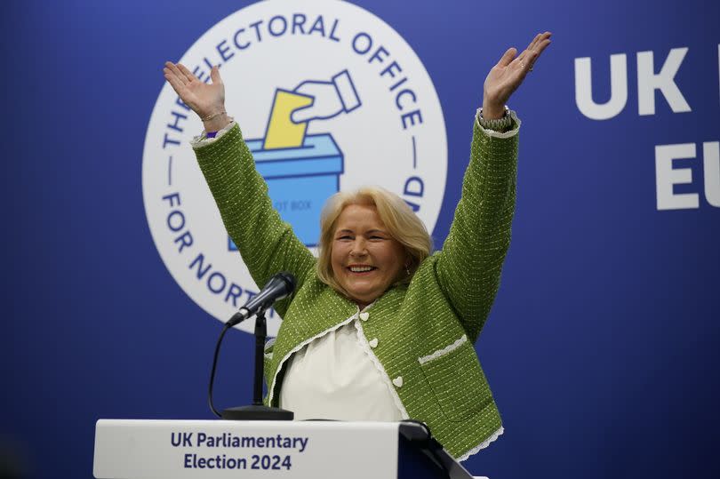 Sinn Fein's Pat Cullen celebrates after winning the Fermanagh and South Tyrone constituency