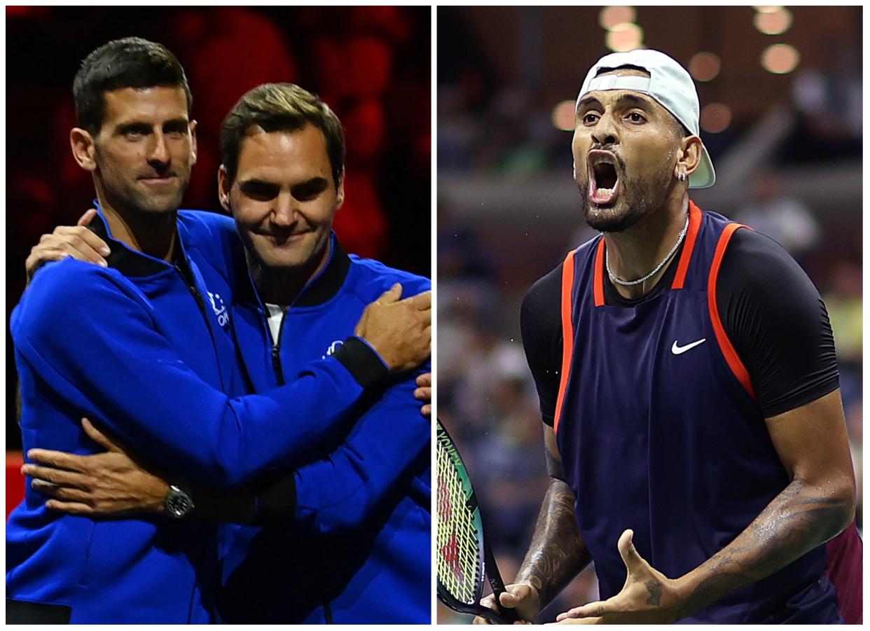 Roger Federer abrazado a Novak Djokovic en la Laver Cup y Nick Kyrgios durante el último US Open. (Foto: Glyn Kirk / AFP / Getty Images / Julian Finney / Getty Images).