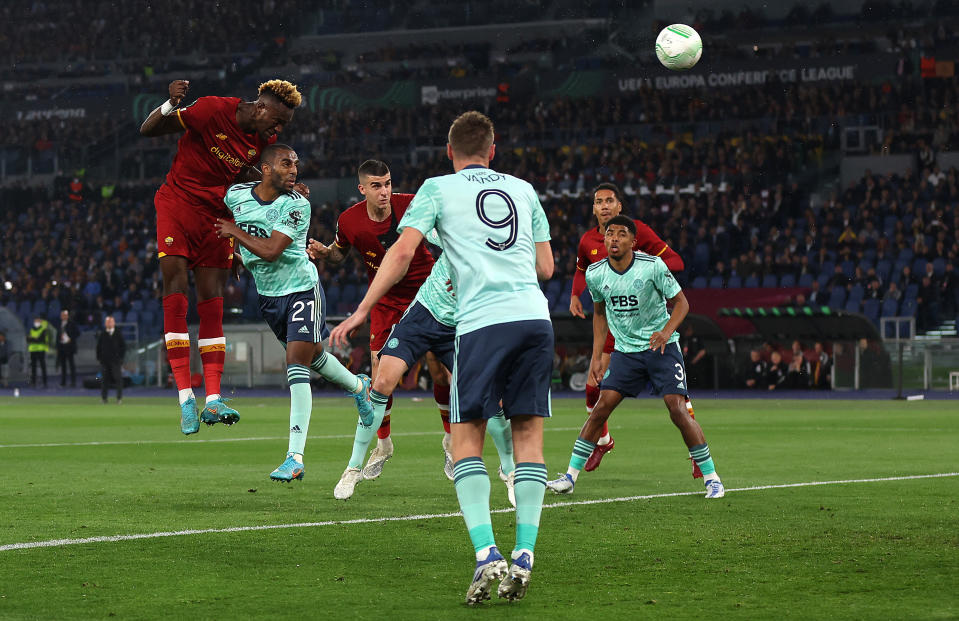 ROME, ITALY - MAY 05:  Tammy Abraham of AS Roma heads in a goal to make it 1-0 during the UEFA Conference League Semi Final Leg Two match between AS Roma and Leicester City at Stadio Olimpico on May 05, 2022 in Rome, Italy. (Photo by Julian Finney/Getty Images)