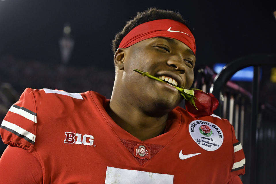 Dwayne Haskins has taken the bold approach of calling his shot for the NFL draft, complete with detailed artwork. (AP)