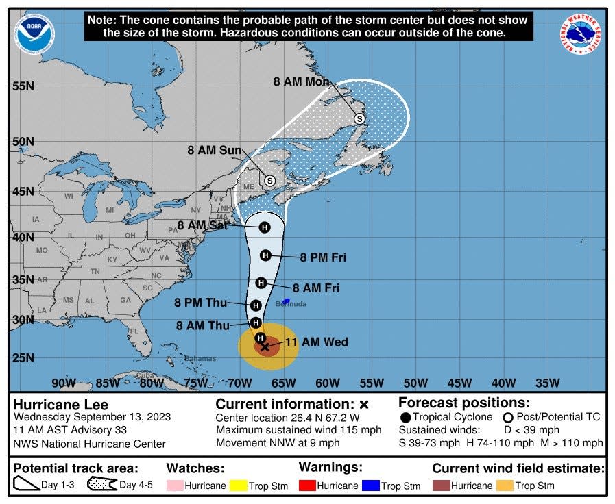 The National Hurricane Center's forecast cone for the storm center of Hurricane Lee, issued at 11 a.m. on Sept. 13, 2023.