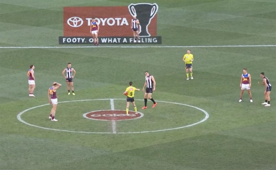 Collingwood, pictured here copping a warning for breaking the 6-6-6 rule in the AFL grand final.