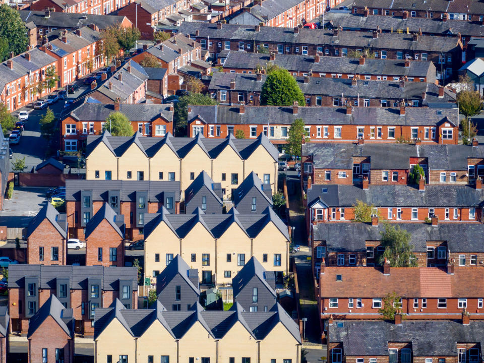 MANCHESTER, UNITED KINGDOM - OCTOBER 12: An aerial view of homes in the Moss Side area of Manchester on October 12, 2023 in Manchester, United Kingdom. (Photo by Christopher Furlong/Getty Images)