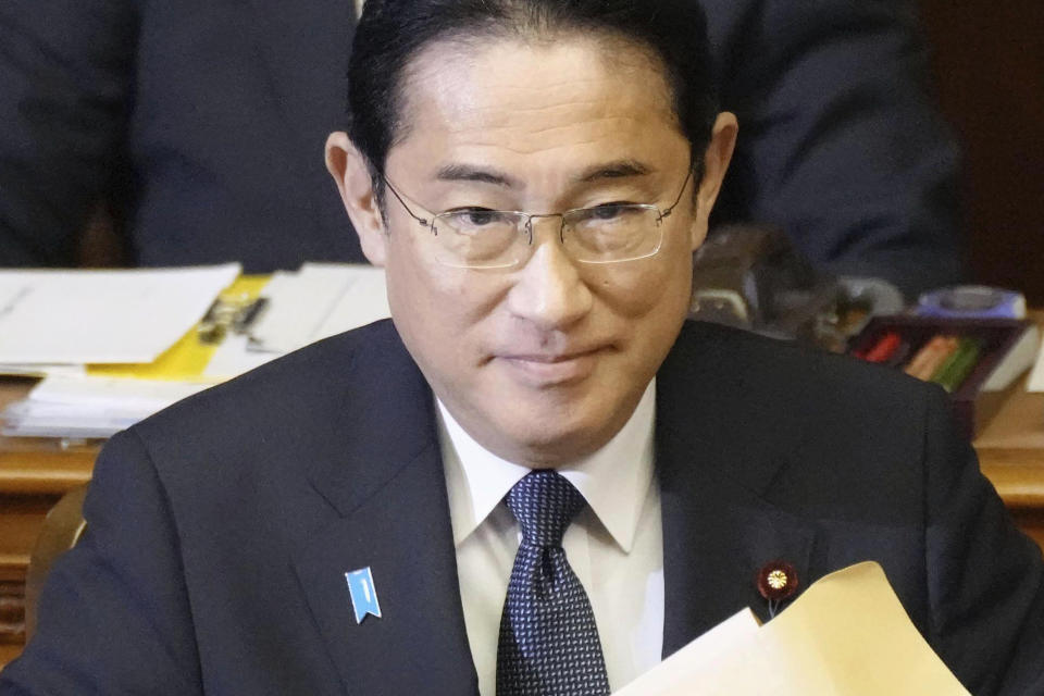 Japan's Prime Minister Fumio Kishida prepares to deliver his policy speech during an extraordinary session of the Diet at the parliament in Tokyo Monday, Oct. 23, 2023. (Kyodo News via AP)