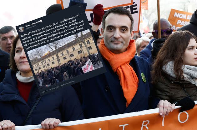 Florian Philippot lors d'une manifestation anti-pass (Photo: Reuters/Montage HuffPost)