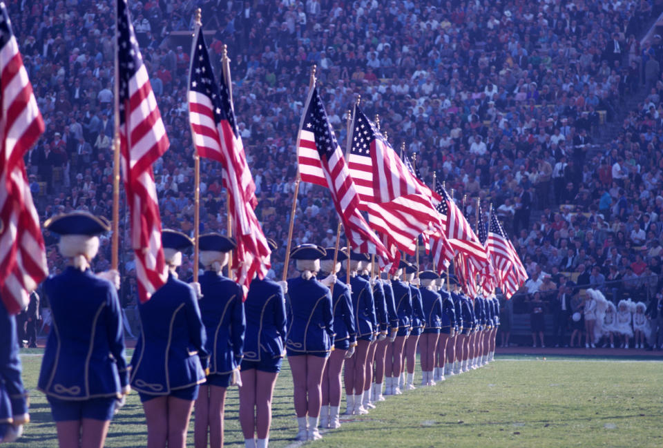 Closeup of a flag team performing