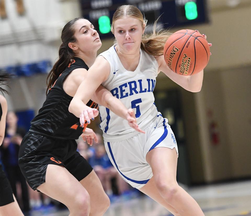 Berlin Brothersvalley's Ashley Brant (5) is pressured by Clarion Area defender Natalie Durish during a PIAA Class 1A first-round girls basketball contest, March 9, at Pitt-Johnstown.