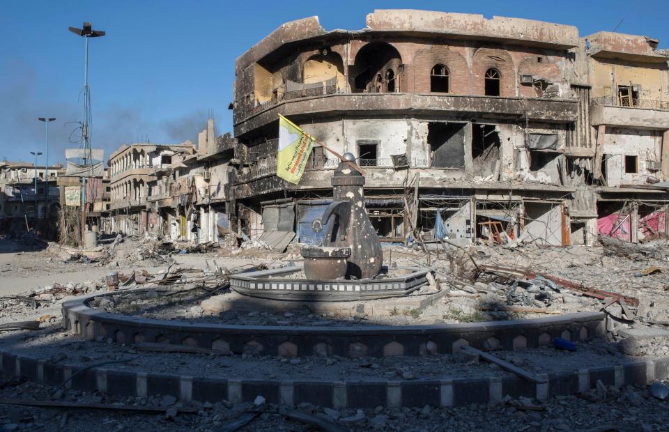 A traffic roundabout in the city of Raqqa, Syria, Wednesday, Oct. 18, 2017.