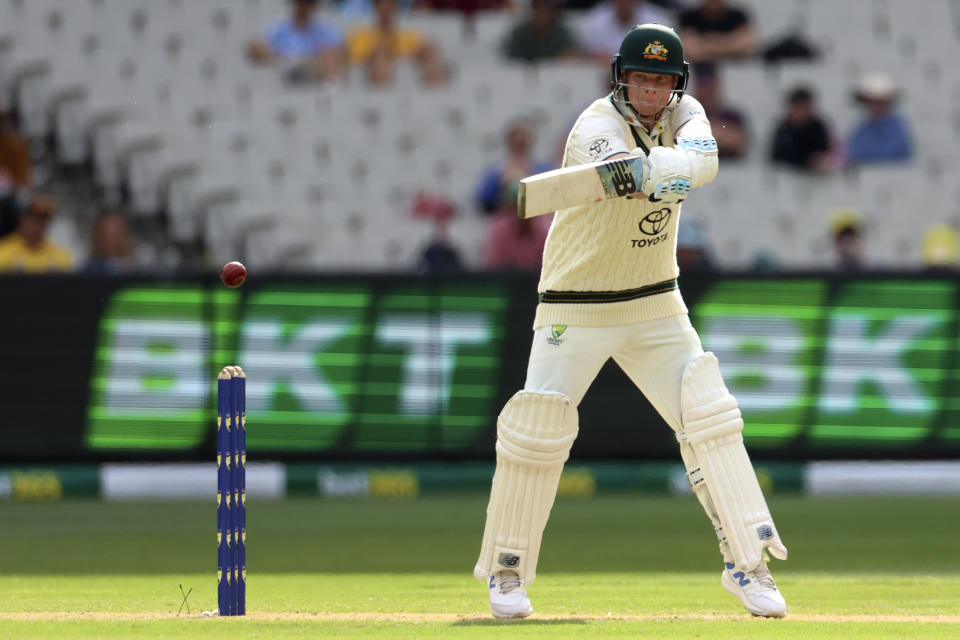 Australia's Steve Smith bats against Pakistan during their cricket test match in Melbourne, Tuesday, Dec. 26, 2023. (AP Photo/Asanka Brendon Ratnayake)