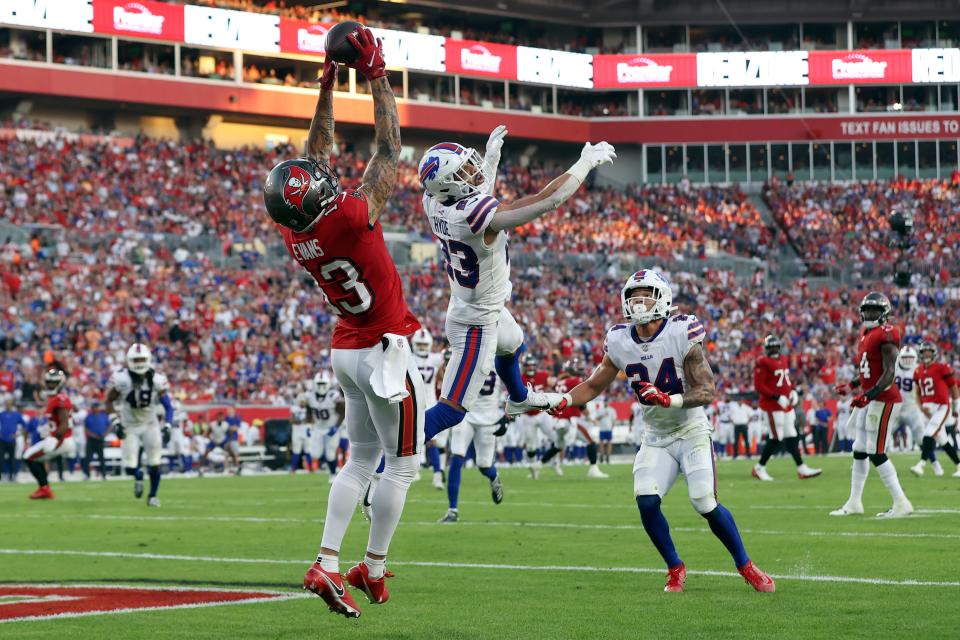 Mike Evans caught this touchdown pass when the Bucs beat the Bills in Tampa Bay in 2021.