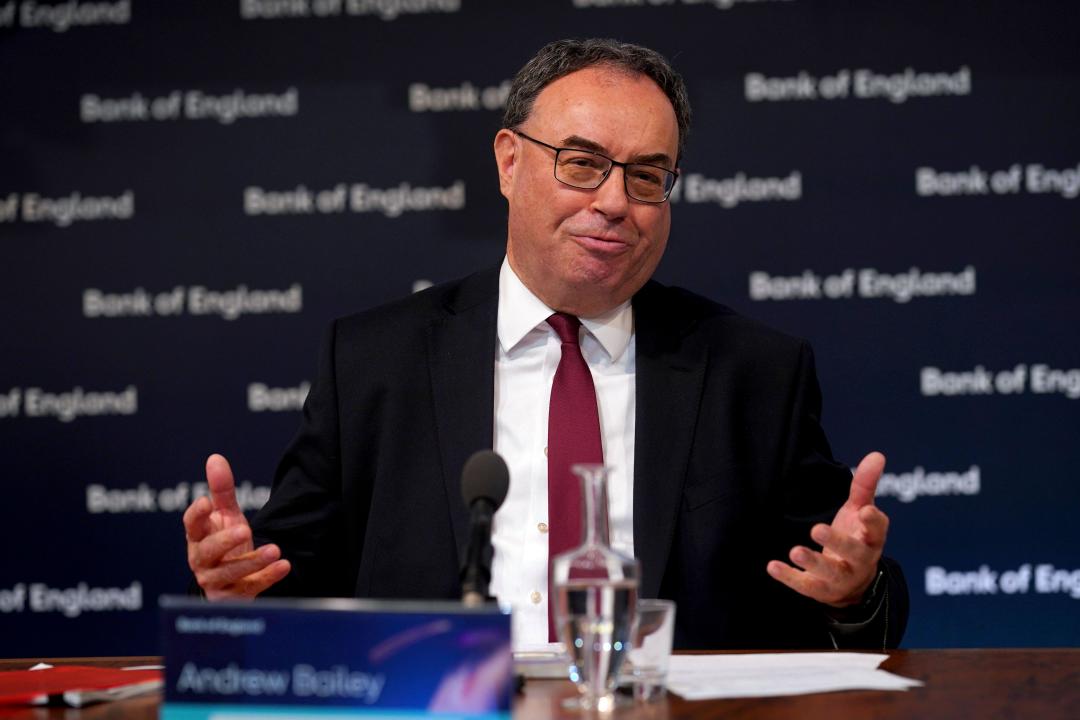 Andrew Bailey, Governor of the Bank of England, speaks during the Bank of England Monetary Policy Report press conference at the Bank of England, London, Thursday May 9, 2024. (Yui Mok/PA via AP)