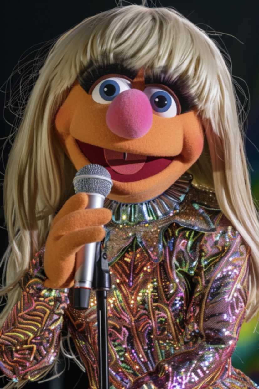 Muppet with long blonde hair in a sequined jumpsuit and holding a microphone