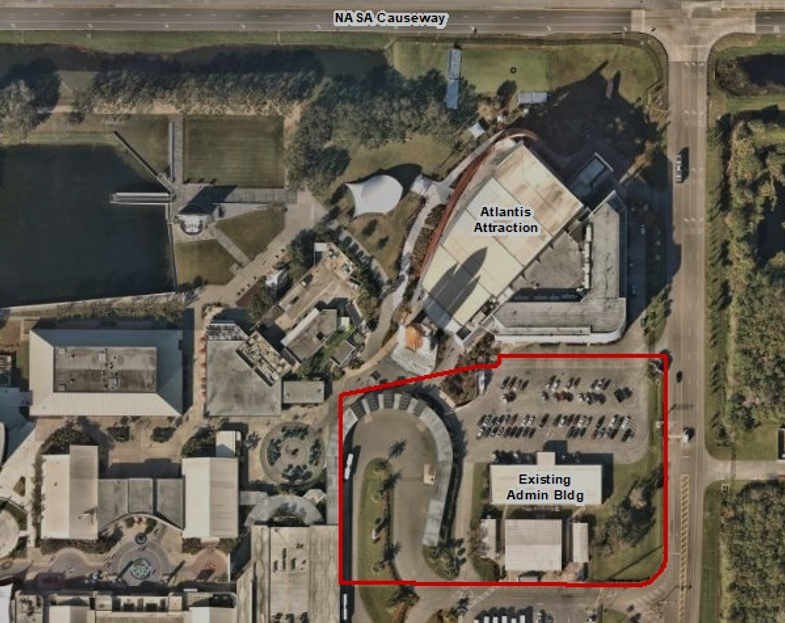 The 4.1-acre outlined in red just south of the space shuttle Atlantis building is slated for a mystery future tourist attraction at the Kennedy Space Center Visitor Complex.