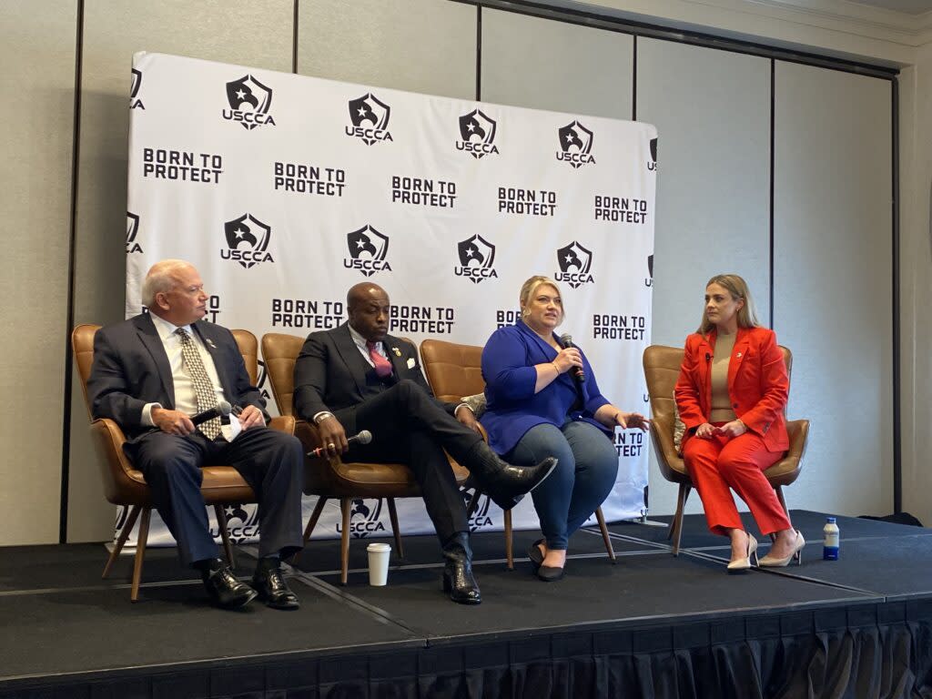 From left: Wisconsin Rep. Scott Fitzgerald, Texas Rep. Wesley Hunt and Florida Rep. Kat Cammack speak during an event hosted by the U.S. Concealed Carry Association