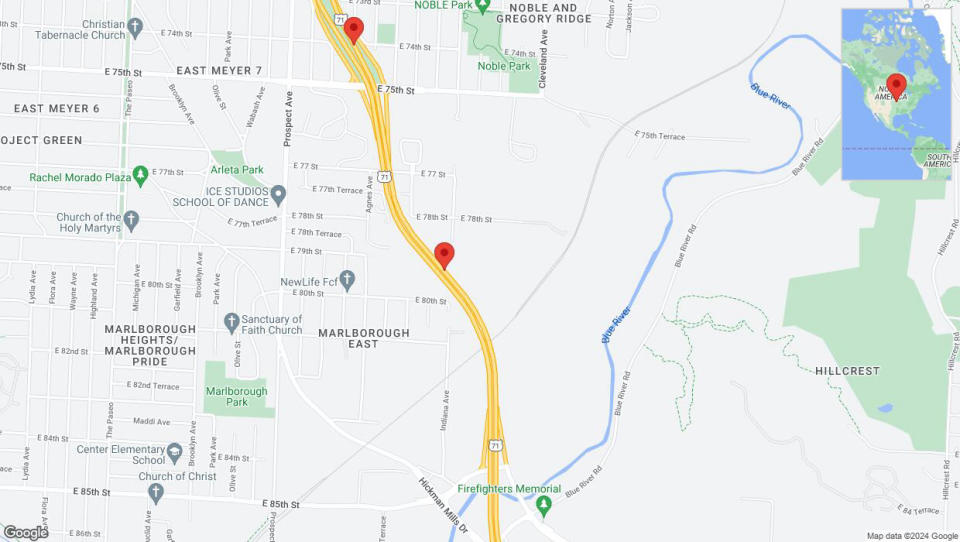 A detailed map that shows the affected road due to 'Crash reported on northbound I-40/US-71 in Kansas City' on January 3rd at 7:38 p.m.