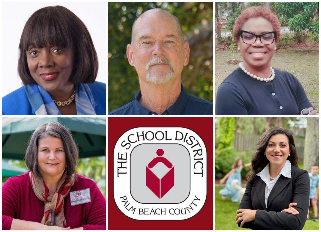 School Board candidates running to represent District 6 (The Glades, Wellington and Royal Palm Beach), from top left and running clockwise: Marcia Andrews, Jeff Browning, V. Deanne Ewers, Amanda Silvestri and Jennifer Showalter.