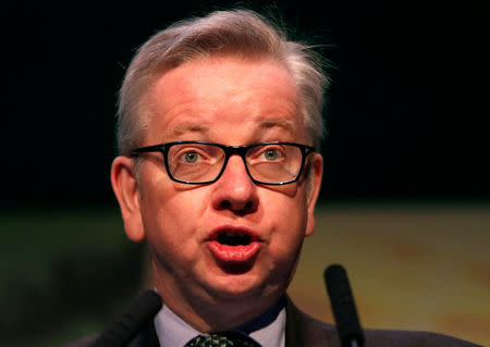 FILE PHOTO: Michael Gove the Secretary of State for Environment, Food and Rural Affairs speaks during the National Farmers Union annual conference in Birmingham, Britain February 20, 2018. REUTERS/Darren Staples/File Photo