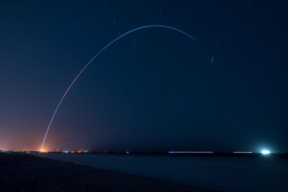 Relativity Space's first Terran 1 rocket streaks toward space in this long exposure view of its debut test launch from Florida's Cape Canaveral Space Force Station on March 22, 2023. The rocket failed to reach orbit.