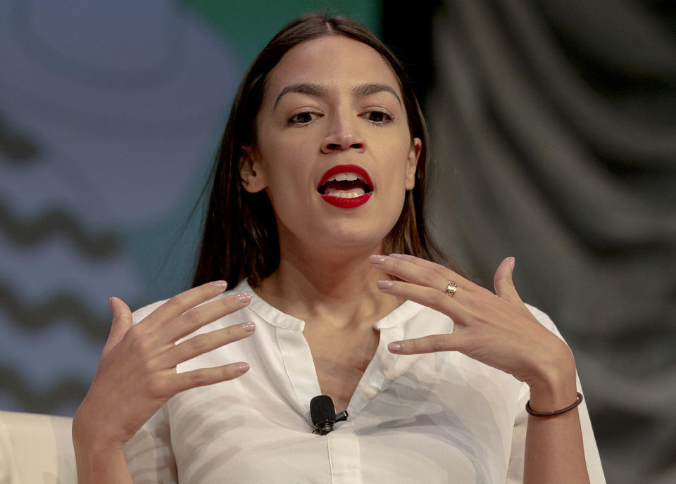 Rep. Alexandria Ocasio-Cortez, D-New York, speaks during South by Southwest on Saturday, March 9, 2019, in Austin, Texas. (Nick Wagner/Austin American-Statesman via AP)