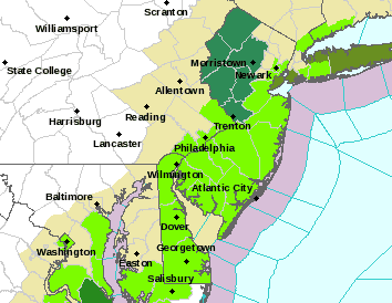 Radar graphic from the National Weather Service in Mount Holly. Light green areas are under a coastal flood advisory, while the dark green areas are under a coastal flood warning. Wet conditions will last through at least the beginning of the weekend.