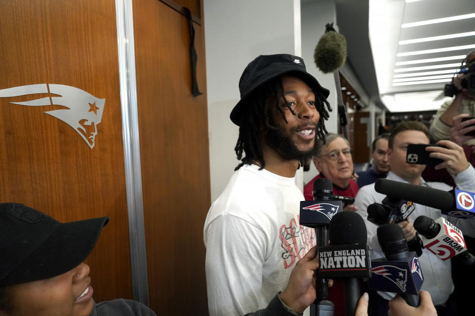 New England Patriots wide receiver Jakobi Meyers takes questions from reporters in the NFL football team's locker room, Monday, Jan. 9, 2023, at Gillette Stadium, in Foxborough, Mass. The Patriots' season ended following their loss to the Buffalo Bills, in Buffalo, Sunday, Jan. 8. (AP Photo/Steven Senne)